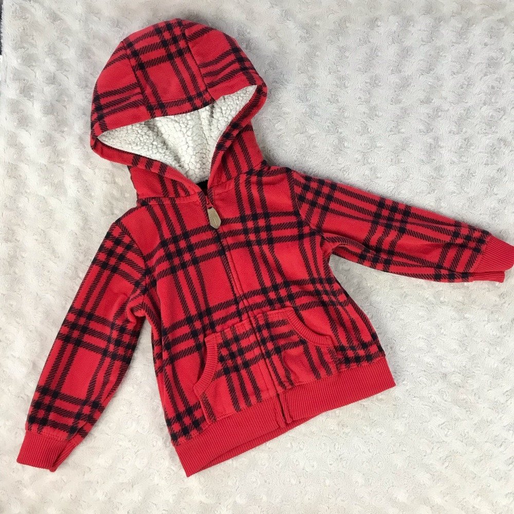 Carter’s Fleece Hooded Jacket Red Black Plaid 18M - Picture 2 of 4